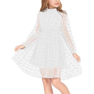 Arshiner Girls Dress Long Sleeve Swiss Dot Ruffle Collar Flowy A-Line Party Dress for Kids 5-13Y(White)