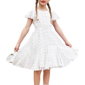 Arshiner Girls Girly Dress Swiss Dot Ruffle Short Sleeve Twirly Cute Dresses for 5-12 Years Old(A-white)