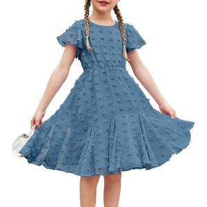 Arshiner Girls Girly Dress Swiss Dot Ruffle Short Sleeve Twirly Cute Dresses for 5-12 Years Old(Dark Blue)