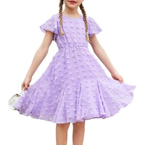 Arshiner Girls Girly Dress Swiss Dot Ruffle Short Sleeve Twirly Cute Dresses for 5-12 Years Old(Lavender)