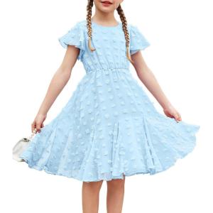Arshiner Girls Girly Dress Swiss Dot Ruffle Short Sleeve Twirly Cute Dresses for 5-12 Years Old(Light Blue)
