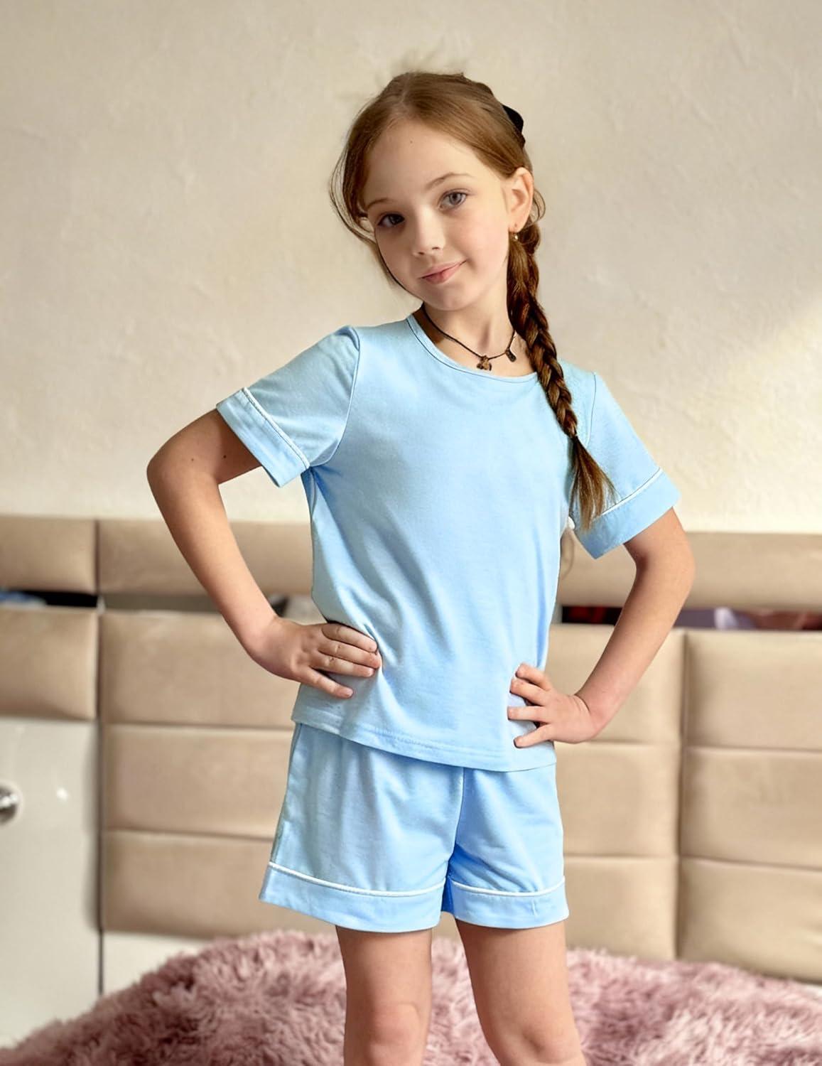 image:imageArshiner Girls Pajamas Set Short Sleeve Sleepwear Summer Lounge Set Soft Pjs for KidsBlue