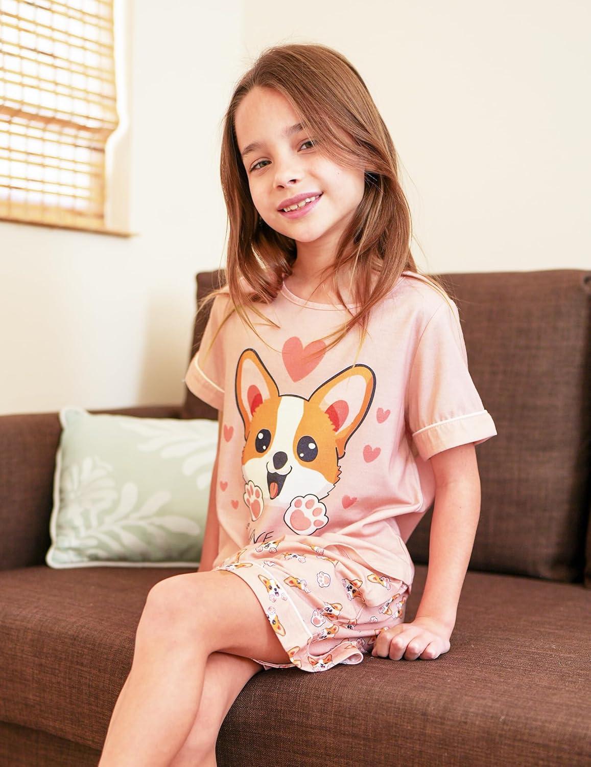 image:imageArshiner Girls Pajamas Set Short Sleeve Sleepwear Summer Lounge Set Soft Pjs for KidsOrange Pink Dog