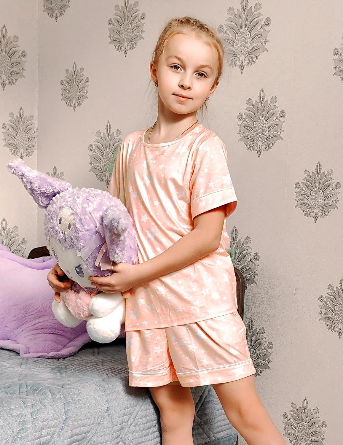 image:imageArshiner Girls Pajamas Set Short Sleeve Sleepwear Summer Lounge Set Soft Pjs for KidsPink Star
