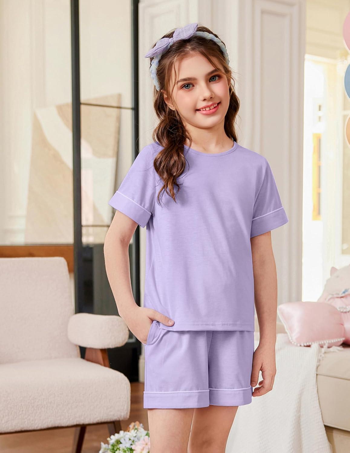 image:imageArshiner Girls Pajamas Set Short Sleeve Sleepwear Summer Lounge Set Soft Pjs for KidsPurple
