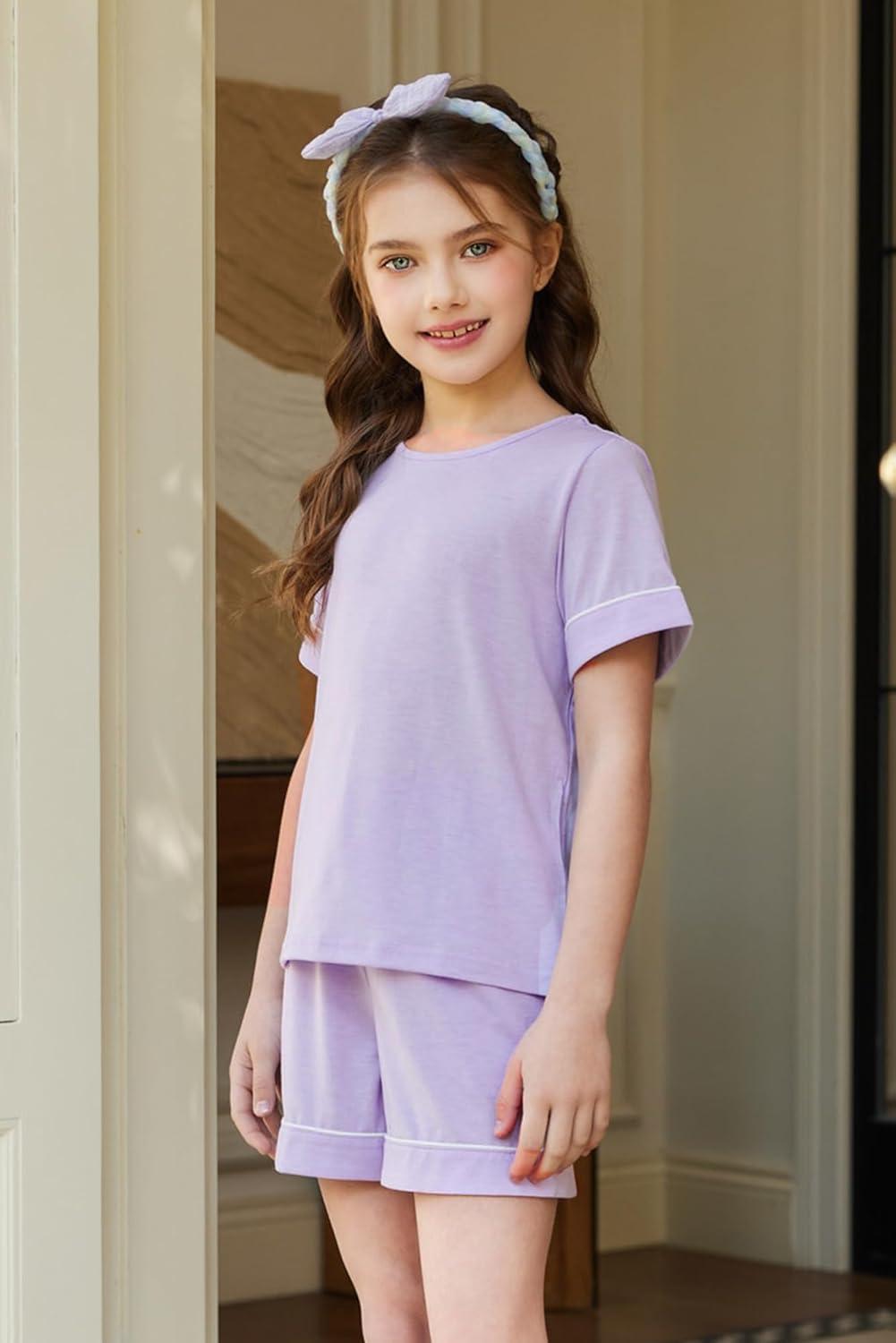 image:imageArshiner Girls Pajamas Set Short Sleeve Sleepwear Summer Lounge Set Soft Pjs for KidsPurple