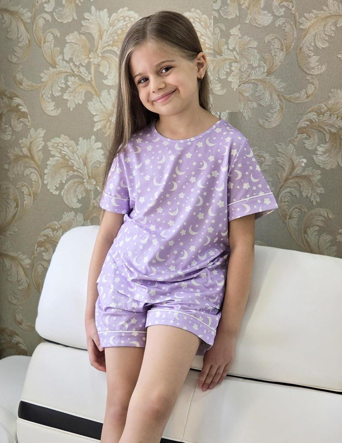 image:imageArshiner Girls Pajamas Set Short Sleeve Sleepwear Summer Lounge Set Soft Pjs for KidsPurple Star Moon