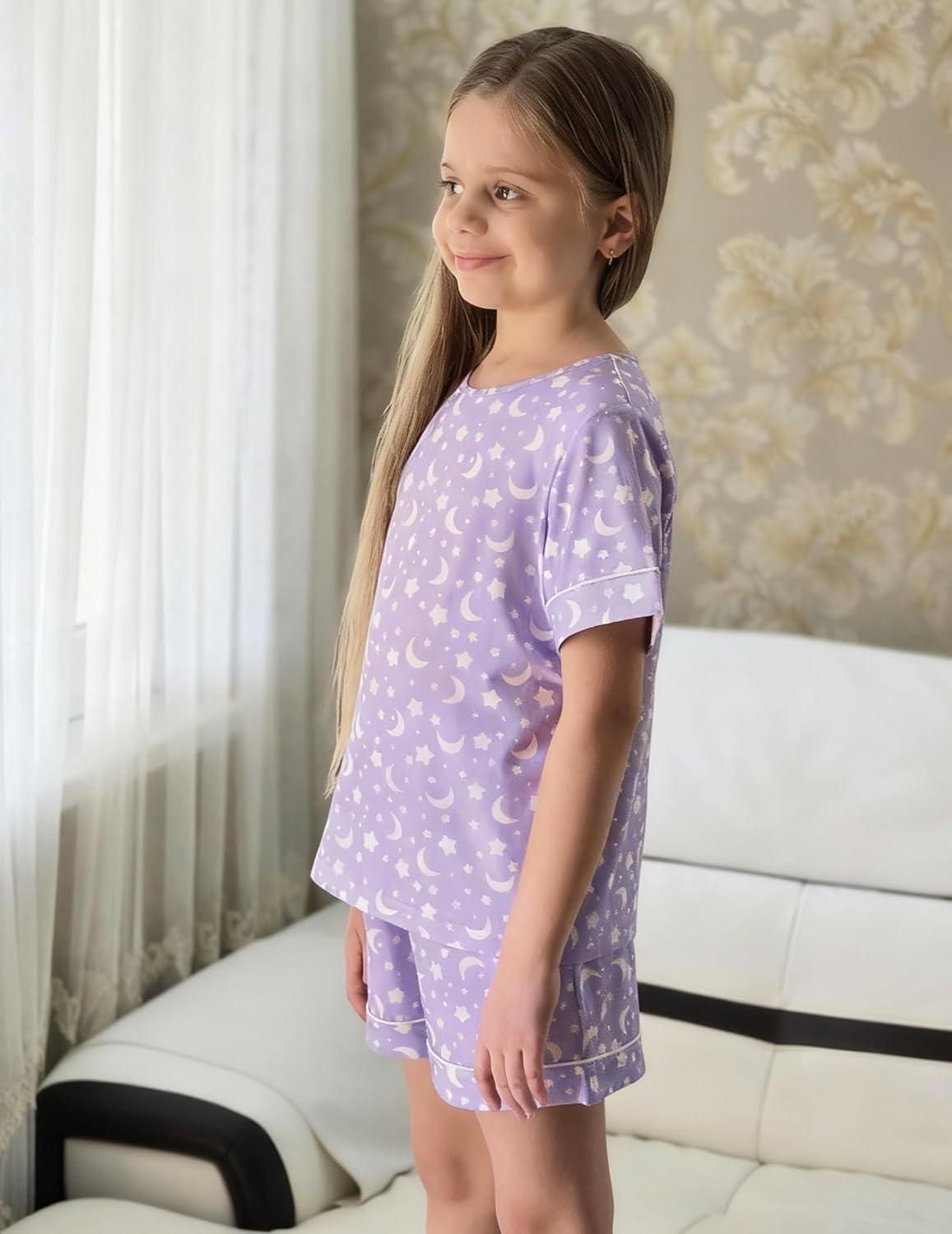 image:imageArshiner Girls Pajamas Set Short Sleeve Sleepwear Summer Lounge Set Soft Pjs for KidsPurple Star Moon
