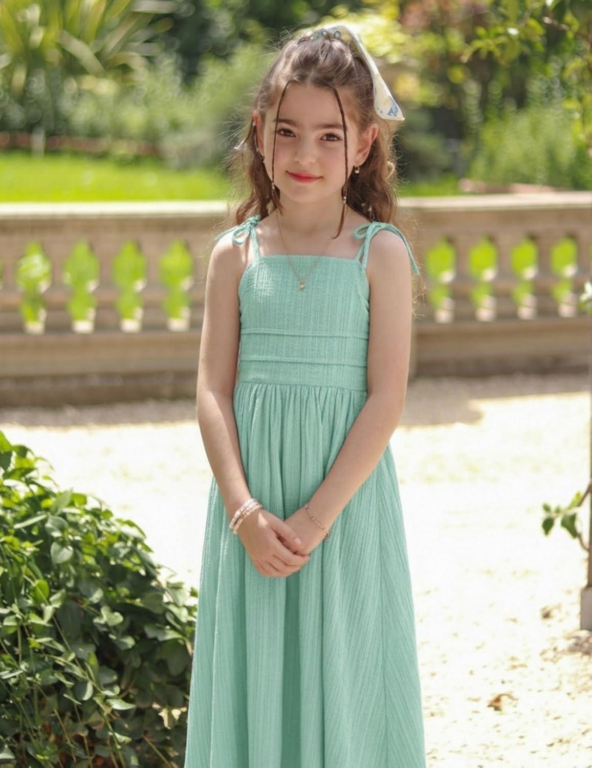 image:imageArshiner Girls Summer Dress Maxi Spaghetti Strap Ruched Flowy Beach Boho Casual Teen Girl Sundress 614 YearsGreen