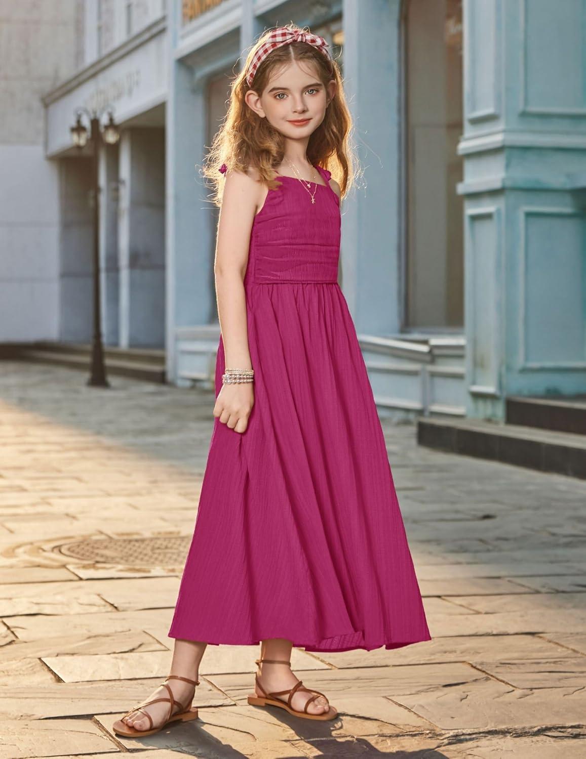 image:imageArshiner Girls Summer Dress Maxi Spaghetti Strap Ruched Flowy Beach Boho Casual Teen Girl Sundress 614 YearsHot Pink
