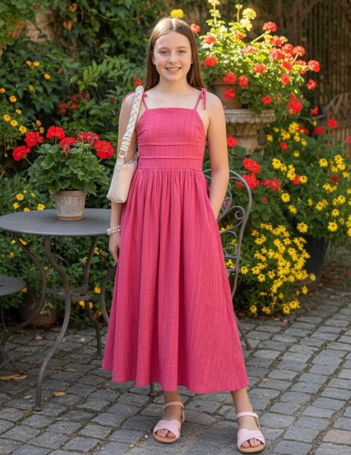 image:imageArshiner Girls Summer Dress Maxi Spaghetti Strap Ruched Flowy Beach Boho Casual Teen Girl Sundress 614 YearsHot Pink