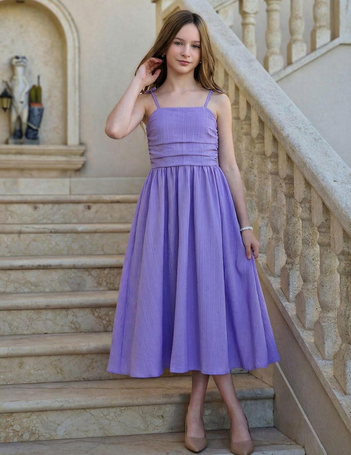 image:imageArshiner Girls Summer Dress Maxi Spaghetti Strap Ruched Flowy Beach Boho Casual Teen Girl Sundress 614 YearsLavender