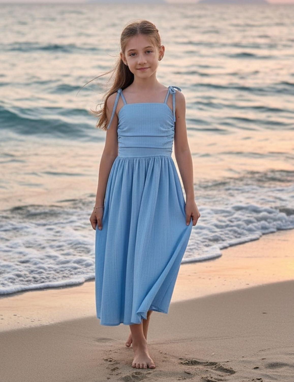 image:imageArshiner Girls Summer Dress Maxi Spaghetti Strap Ruched Flowy Beach Boho Casual Teen Girl Sundress 614 YearsLight Blue
