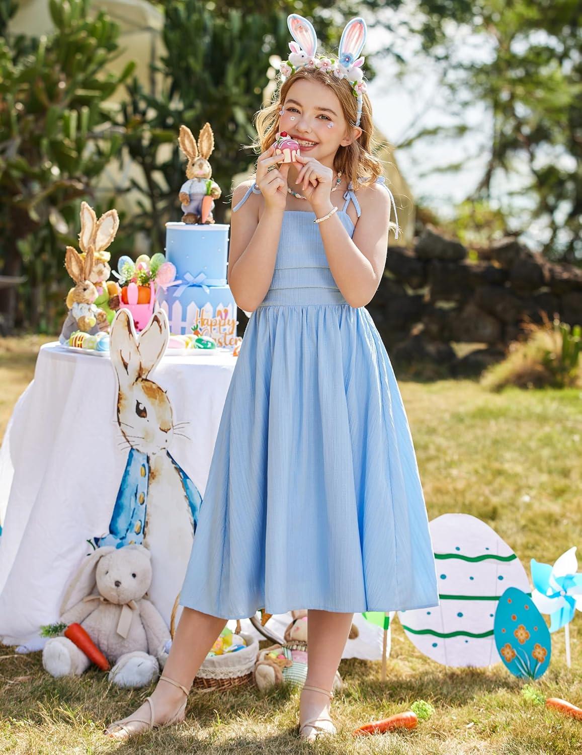 image:imageArshiner Girls Summer Dress Maxi Spaghetti Strap Ruched Flowy Beach Boho Casual Teen Girl Sundress 614 YearsLight Blue