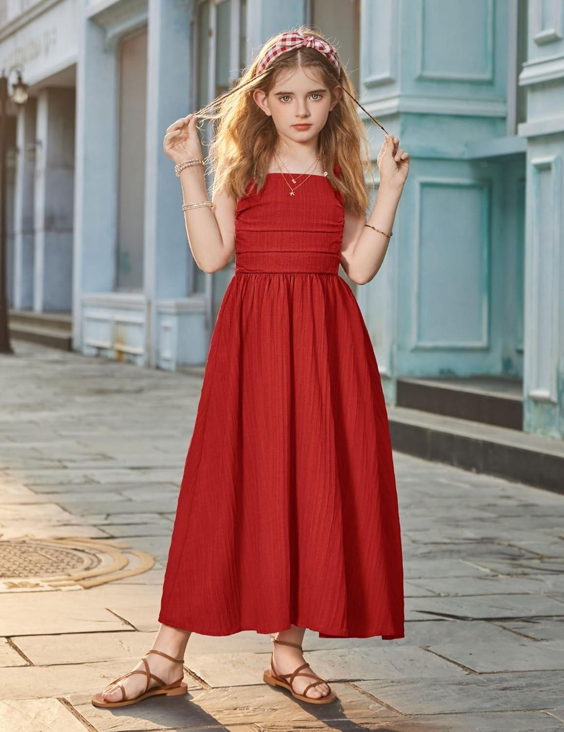 image:imageArshiner Girls Summer Dress Maxi Spaghetti Strap Ruched Flowy Beach Boho Casual Teen Girl Sundress 614 YearsRed