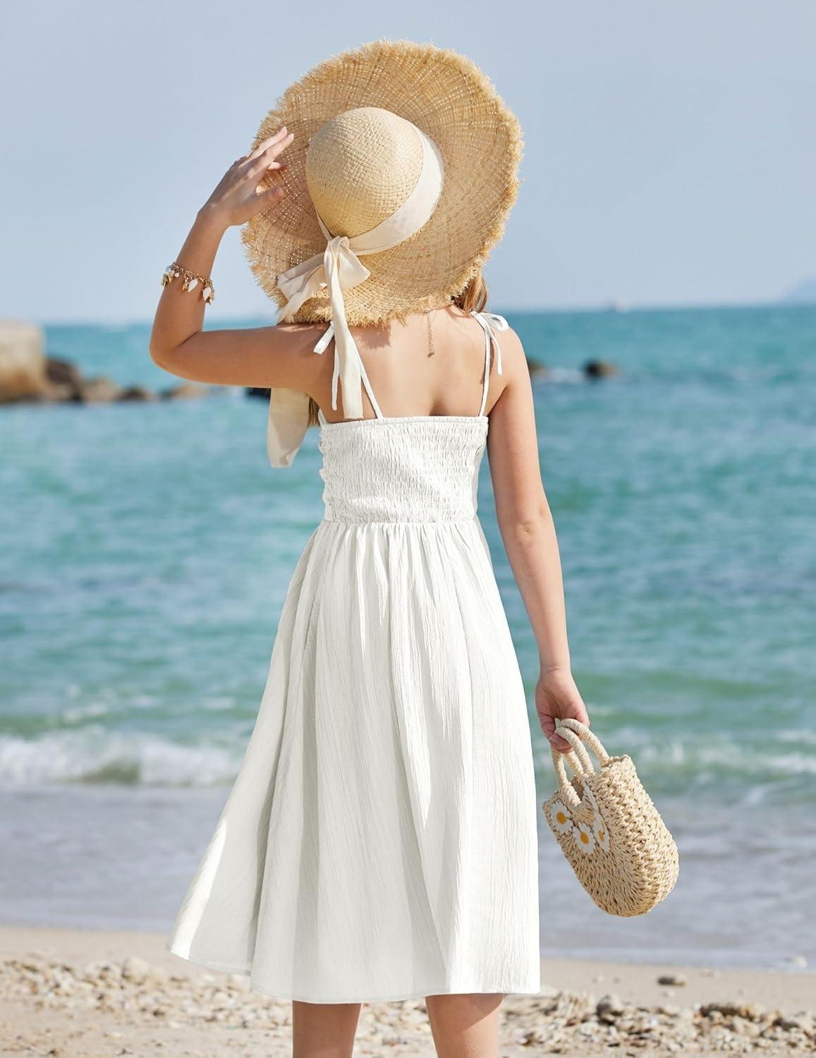 image:imageArshiner Girls Summer Dress Maxi Spaghetti Strap Ruched Flowy Beach Boho Casual Teen Girl Sundress 614 YearsWhite