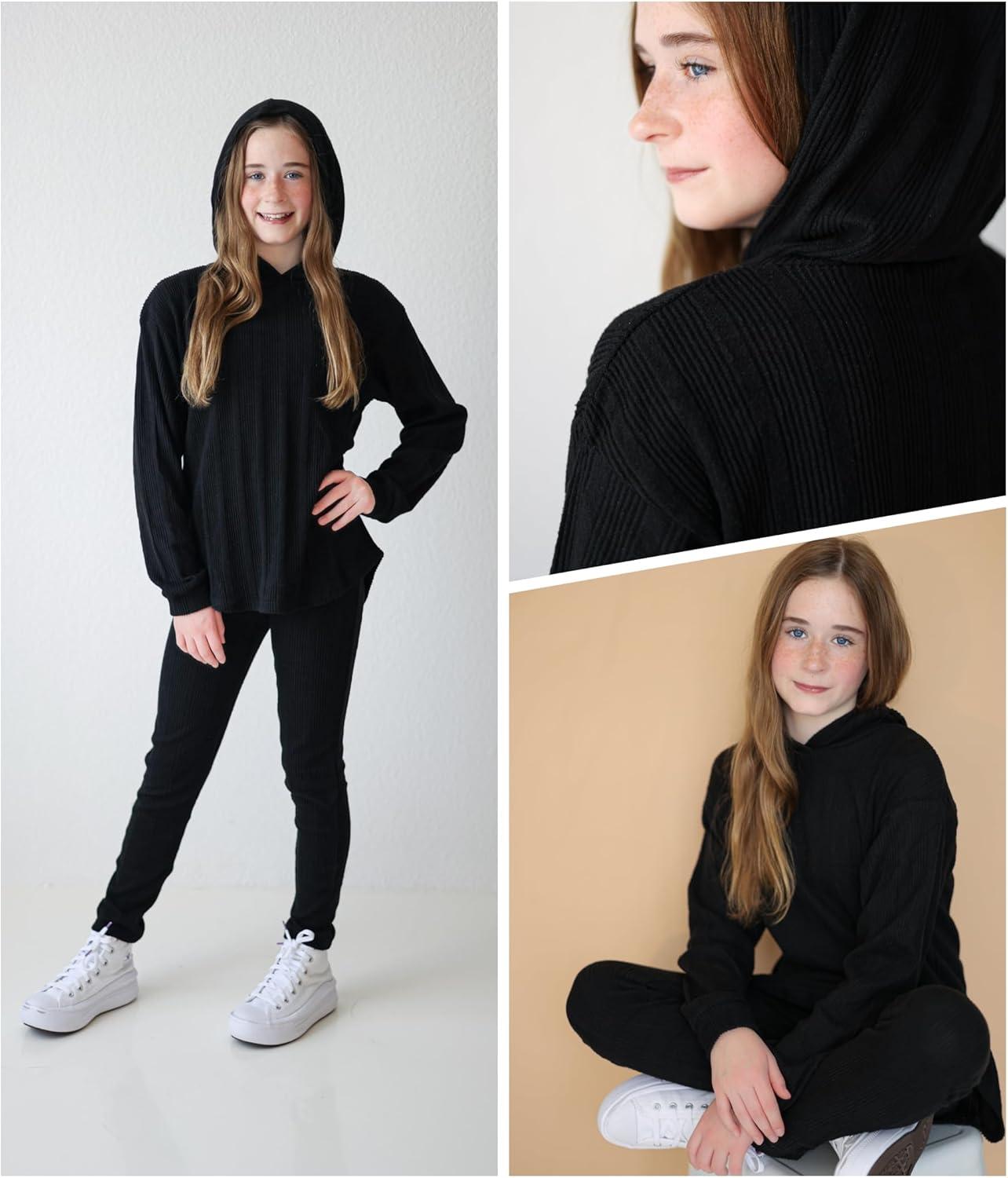 image:imageArshiner Girls Sweaters Set 2 Piece Outfits RibKnit Sweatsuits Cute Pullover Sweatshirt and Sweatpants Kids TracksuitsBlack