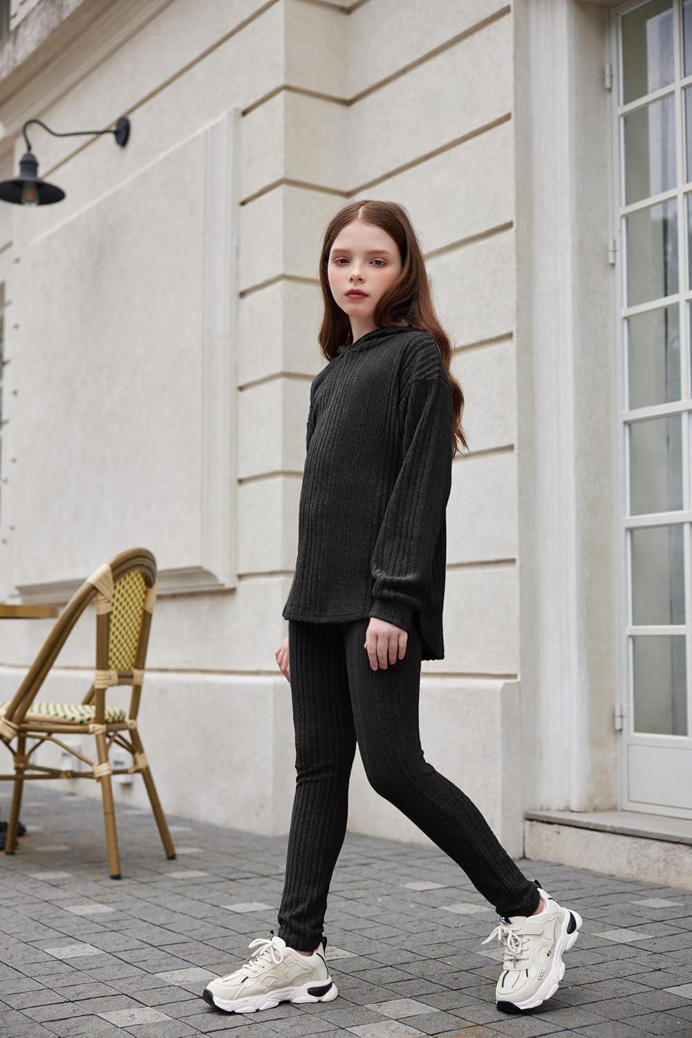 image:imageArshiner Girls Sweaters Set 2 Piece Outfits RibKnit Sweatsuits Cute Pullover Sweatshirt and Sweatpants Kids TracksuitsBlack