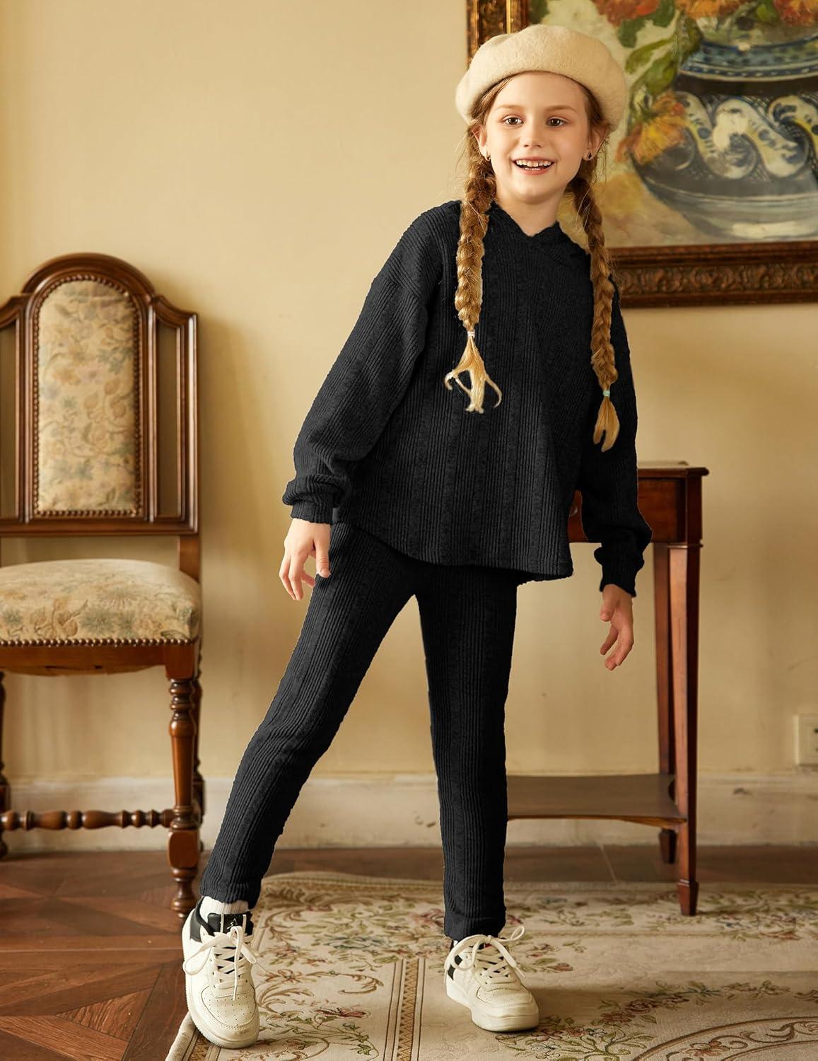 image:imageArshiner Girls Sweaters Set 2 Piece Outfits RibKnit Sweatsuits Cute Pullover Sweatshirt and Sweatpants Kids TracksuitsBlack