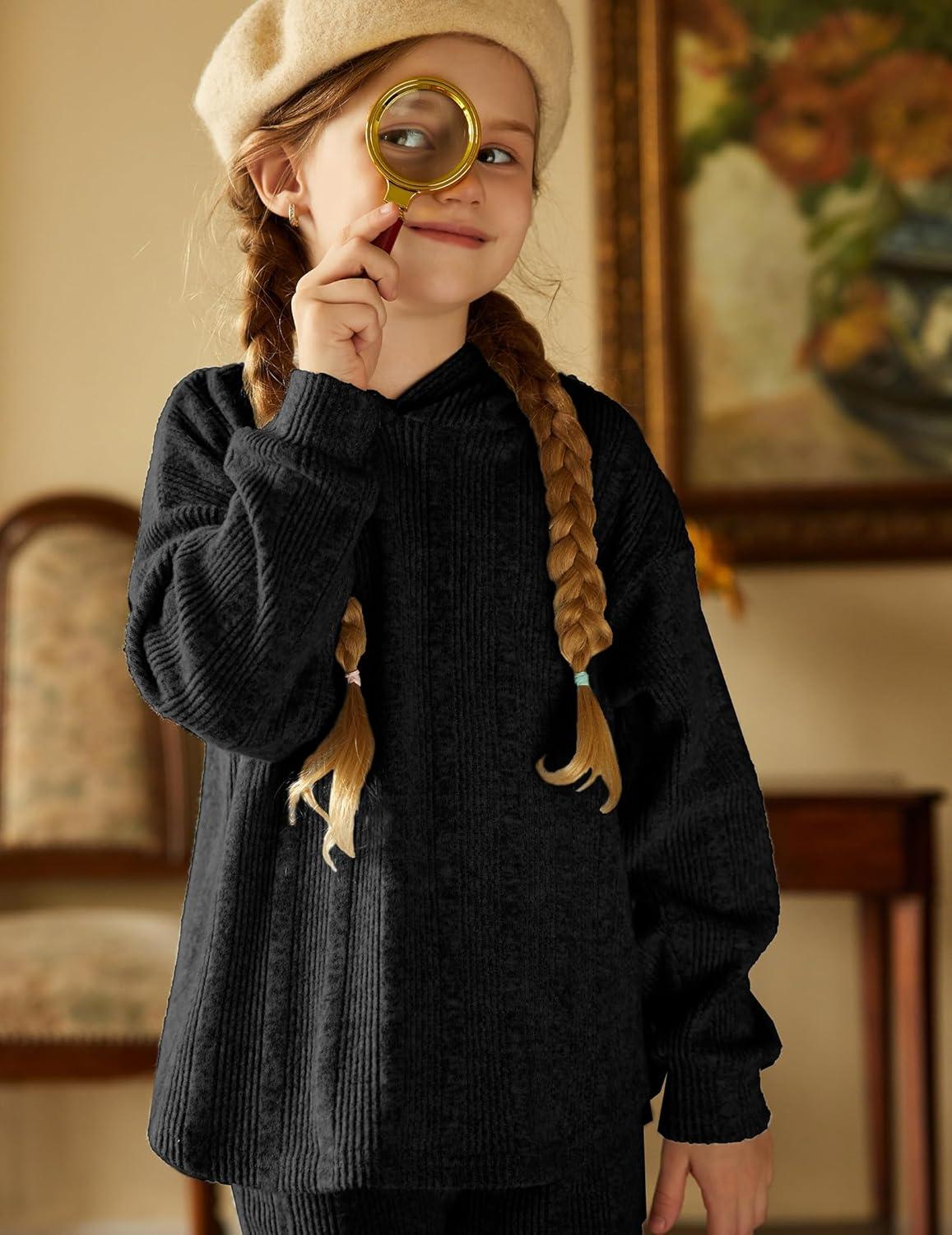 image:imageArshiner Girls Sweaters Set 2 Piece Outfits RibKnit Sweatsuits Cute Pullover Sweatshirt and Sweatpants Kids TracksuitsBlack