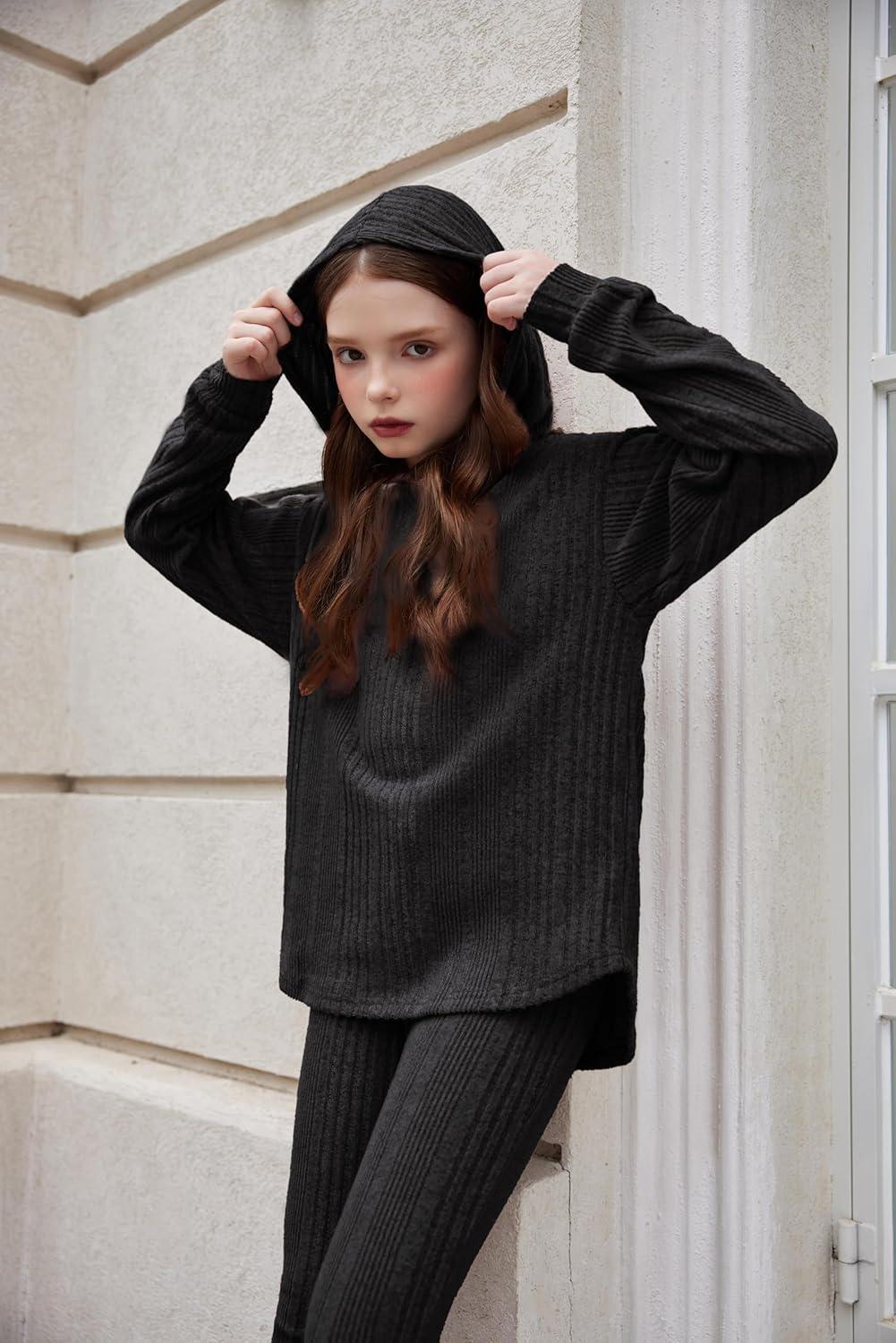 image:imageArshiner Girls Sweaters Set 2 Piece Outfits RibKnit Sweatsuits Cute Pullover Sweatshirt and Sweatpants Kids TracksuitsBlack