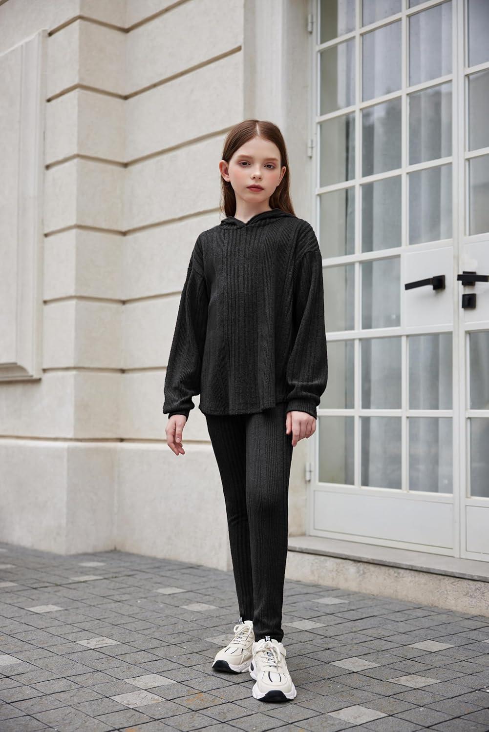 image:imageArshiner Girls Sweaters Set 2 Piece Outfits RibKnit Sweatsuits Cute Pullover Sweatshirt and Sweatpants Kids TracksuitsBlack