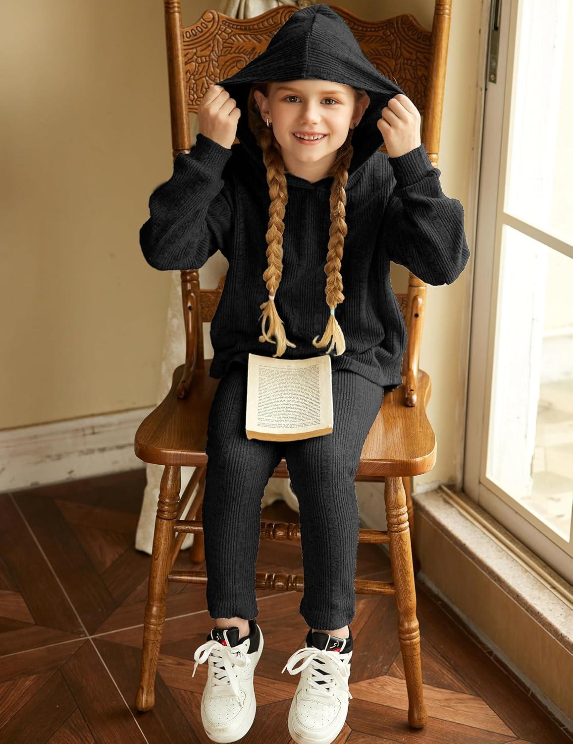 image:imageArshiner Girls Sweaters Set 2 Piece Outfits RibKnit Sweatsuits Cute Pullover Sweatshirt and Sweatpants Kids TracksuitsBlack