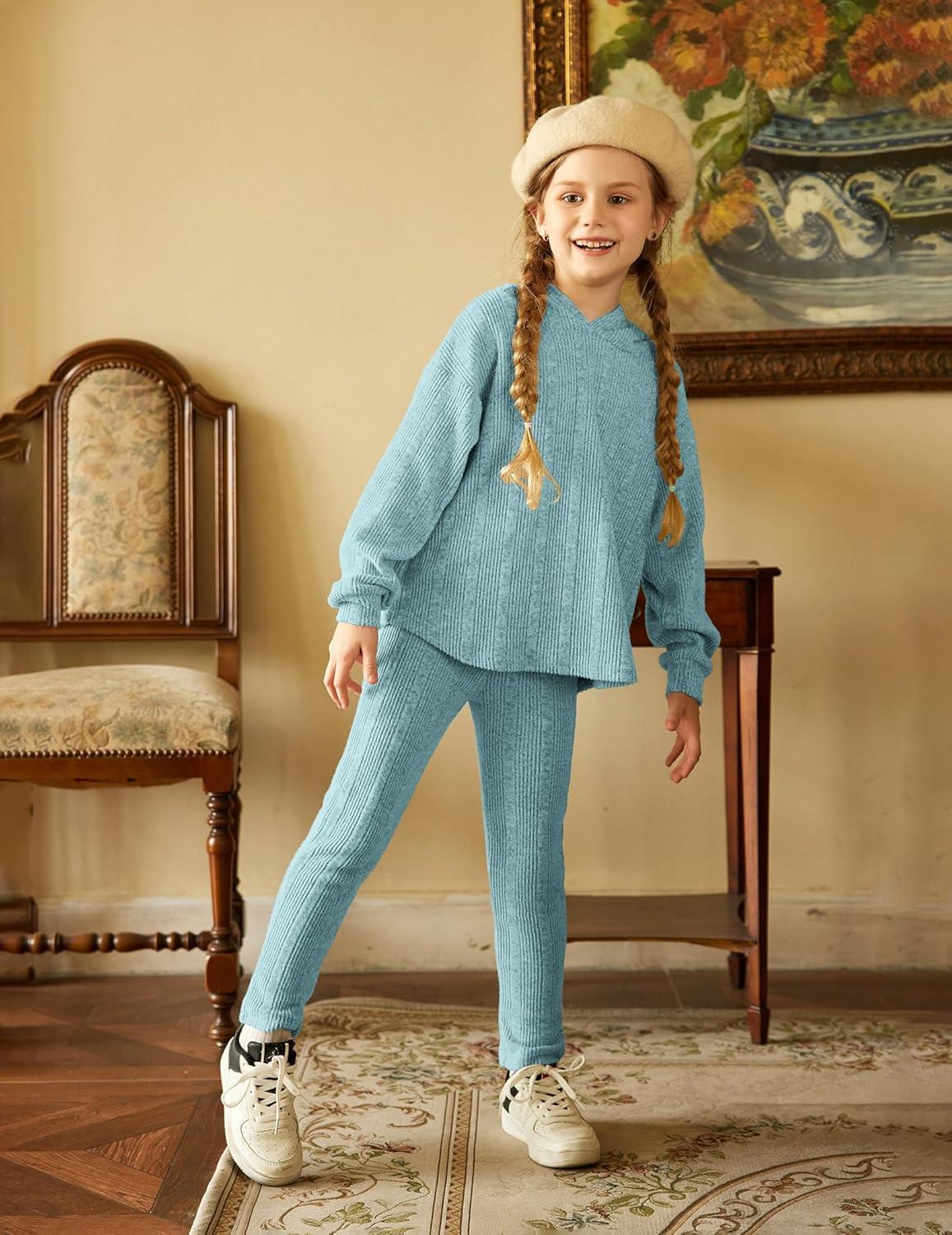 image:imageArshiner Girls Sweaters Set 2 Piece Outfits RibKnit Sweatsuits Cute Pullover Sweatshirt and Sweatpants Kids TracksuitsLight Blue