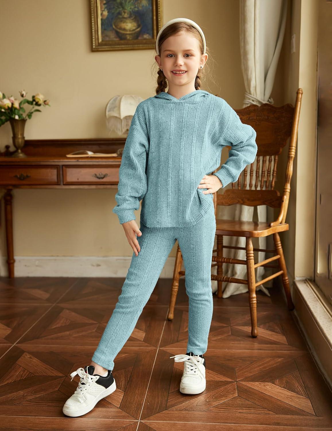 image:imageArshiner Girls Sweaters Set 2 Piece Outfits RibKnit Sweatsuits Cute Pullover Sweatshirt and Sweatpants Kids TracksuitsLight Blue