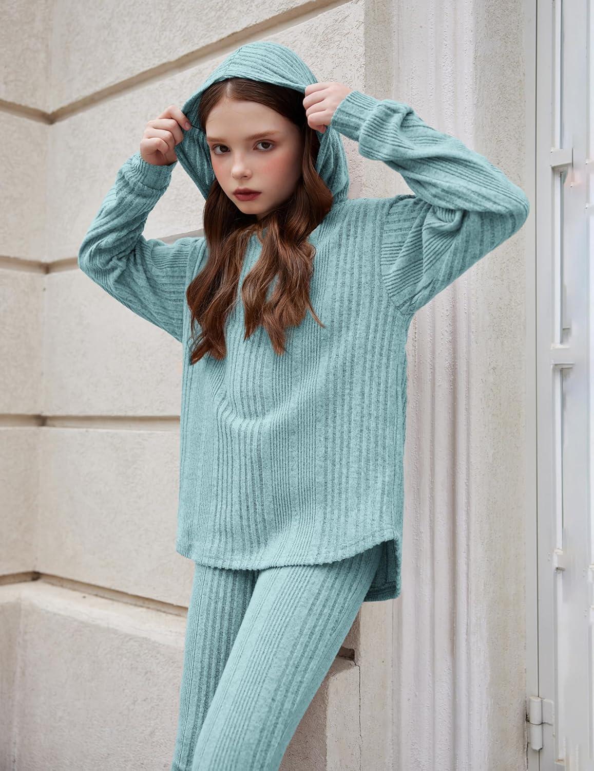 image:imageArshiner Girls Sweaters Set 2 Piece Outfits RibKnit Sweatsuits Cute Pullover Sweatshirt and Sweatpants Kids TracksuitsLight Blue
