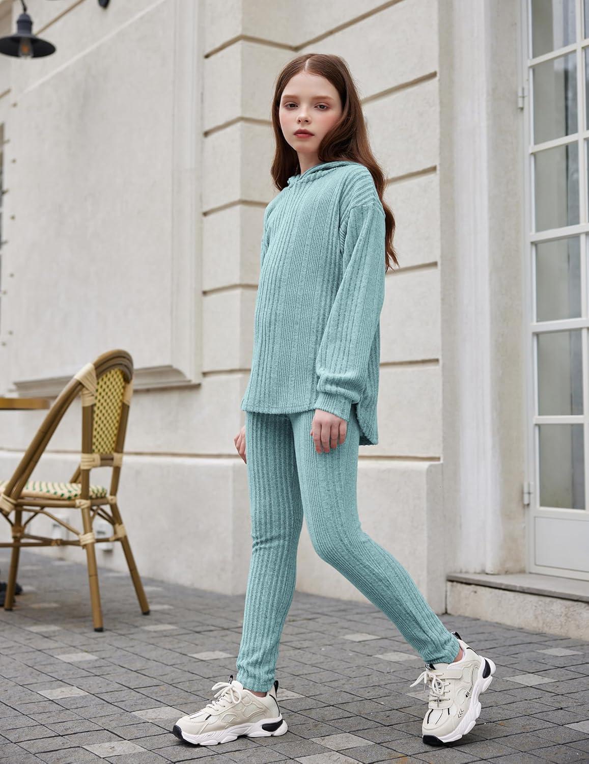 image:imageArshiner Girls Sweaters Set 2 Piece Outfits RibKnit Sweatsuits Cute Pullover Sweatshirt and Sweatpants Kids TracksuitsLight Blue