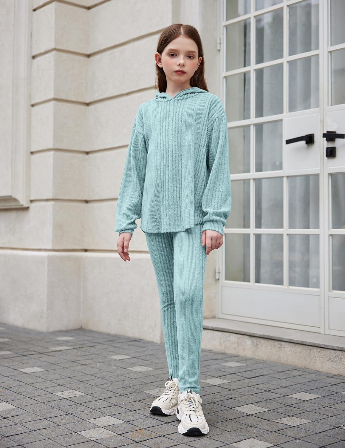 image:imageArshiner Girls Sweaters Set 2 Piece Outfits RibKnit Sweatsuits Cute Pullover Sweatshirt and Sweatpants Kids TracksuitsLight Blue