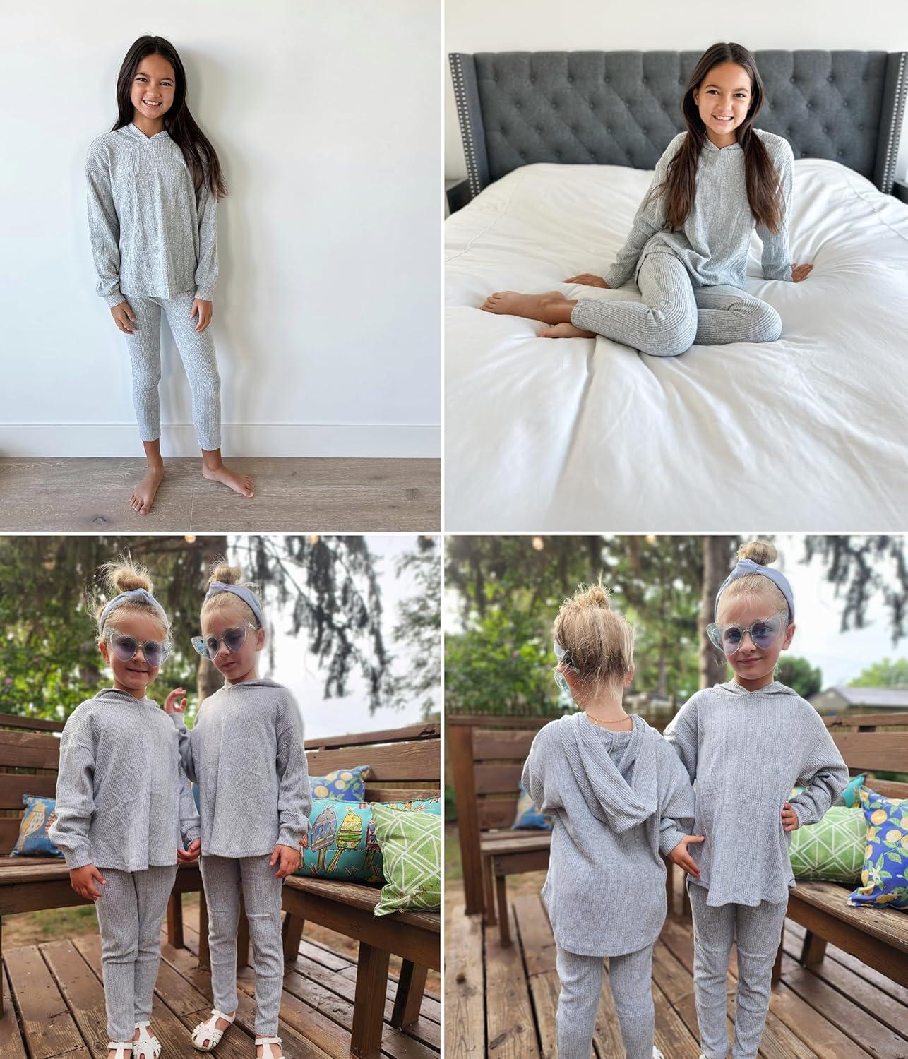 image:imageArshiner Girls Sweaters Set 2 Piece Outfits RibKnit Sweatsuits Cute Pullover Sweatshirt and Sweatpants Kids TracksuitsLight Grey