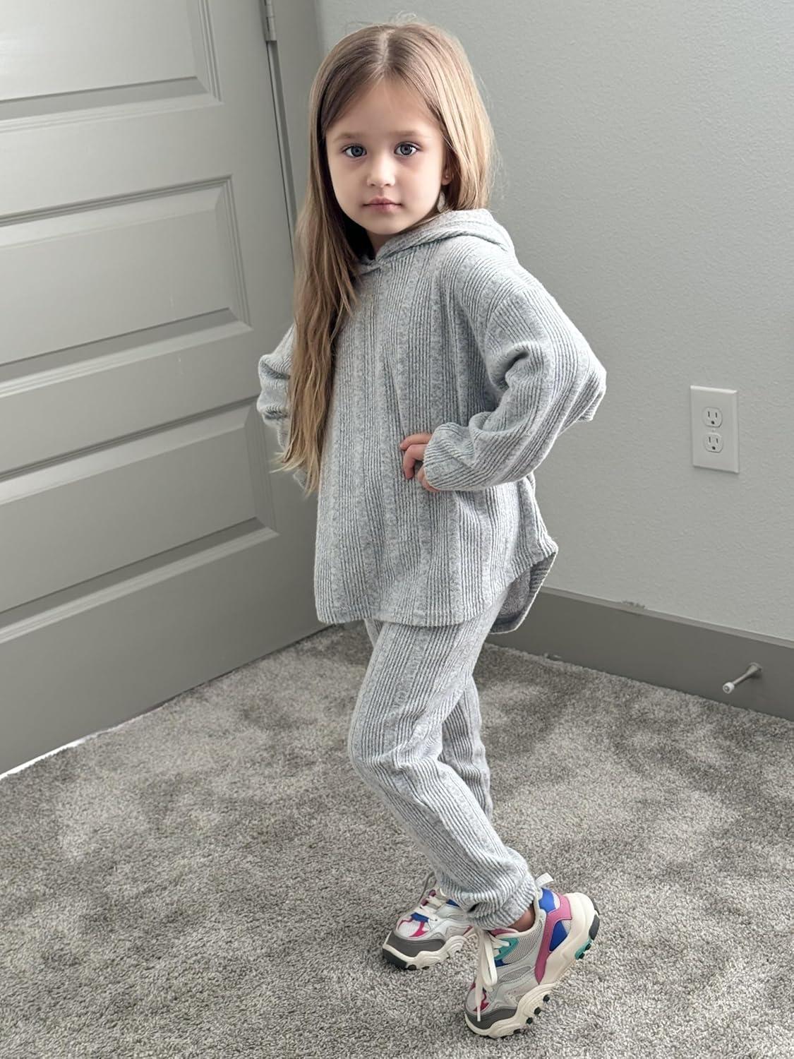 image:imageArshiner Girls Sweaters Set 2 Piece Outfits RibKnit Sweatsuits Cute Pullover Sweatshirt and Sweatpants Kids TracksuitsLight Grey