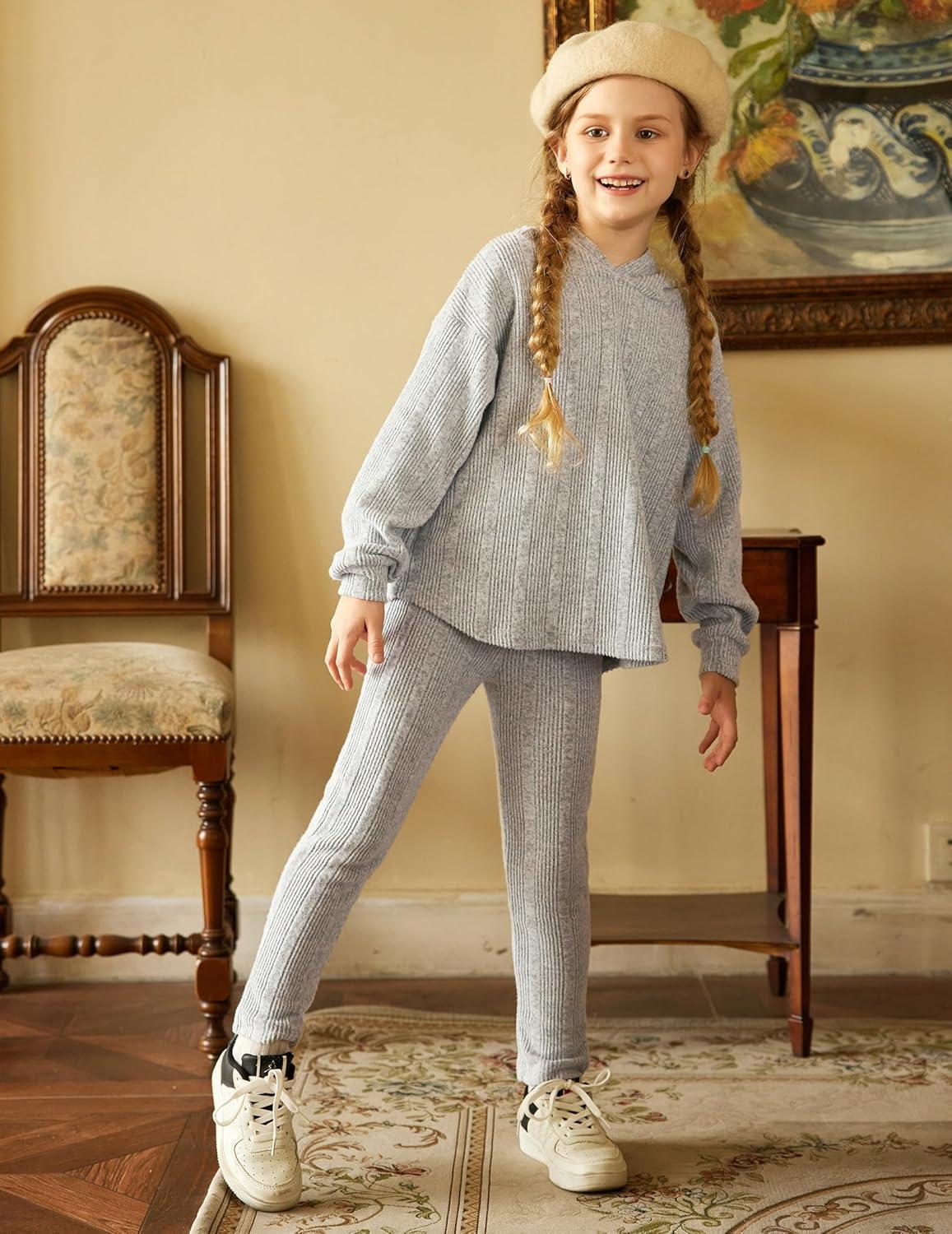 image:imageArshiner Girls Sweaters Set 2 Piece Outfits RibKnit Sweatsuits Cute Pullover Sweatshirt and Sweatpants Kids TracksuitsLight Grey