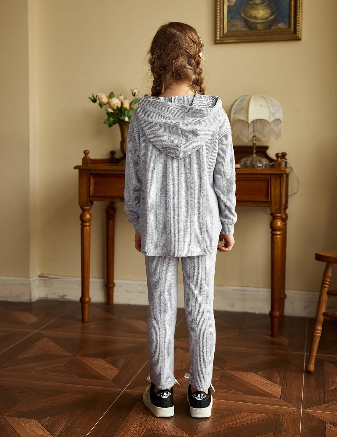 image:imageArshiner Girls Sweaters Set 2 Piece Outfits RibKnit Sweatsuits Cute Pullover Sweatshirt and Sweatpants Kids TracksuitsLight Grey