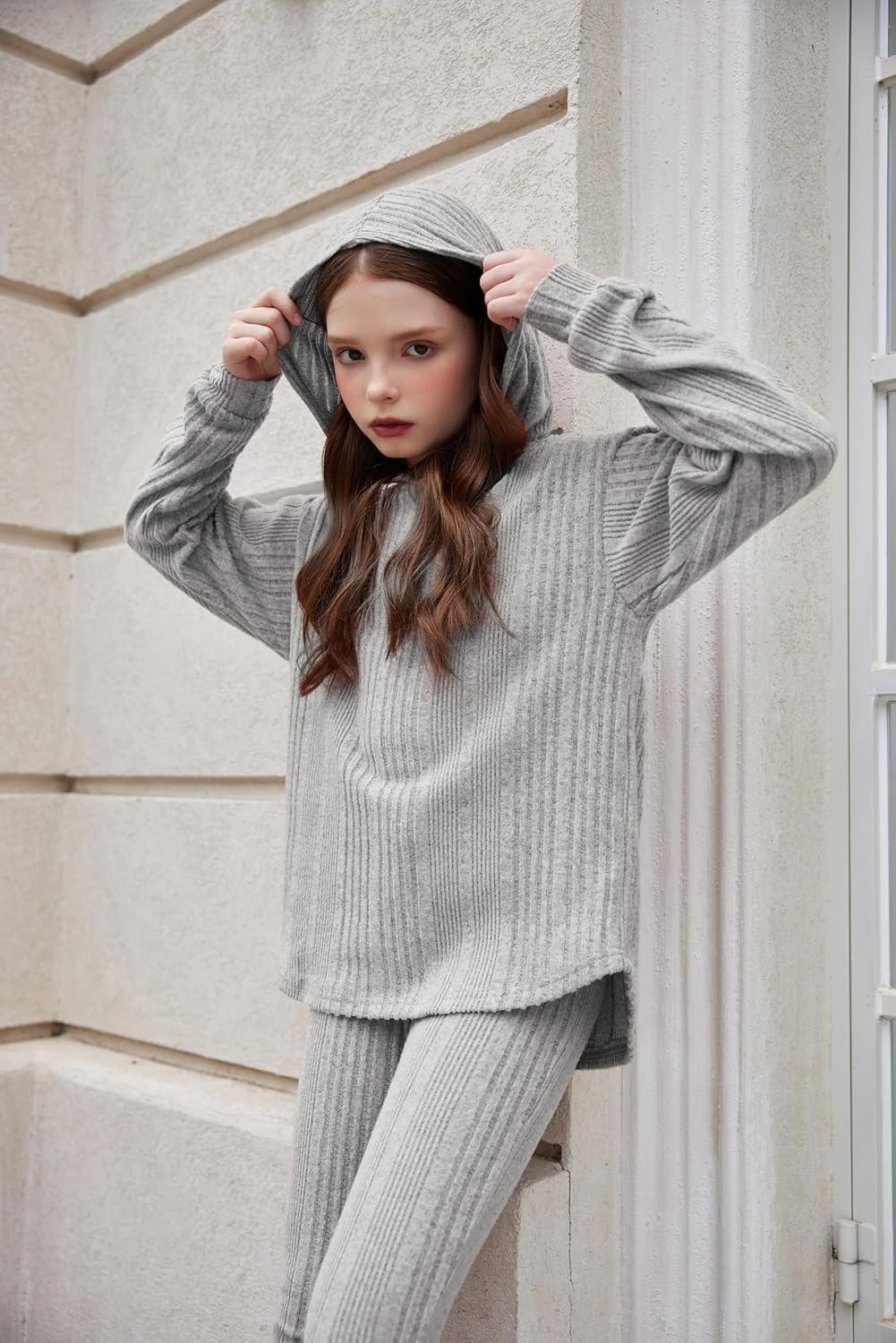 image:imageArshiner Girls Sweaters Set 2 Piece Outfits RibKnit Sweatsuits Cute Pullover Sweatshirt and Sweatpants Kids TracksuitsLight Grey