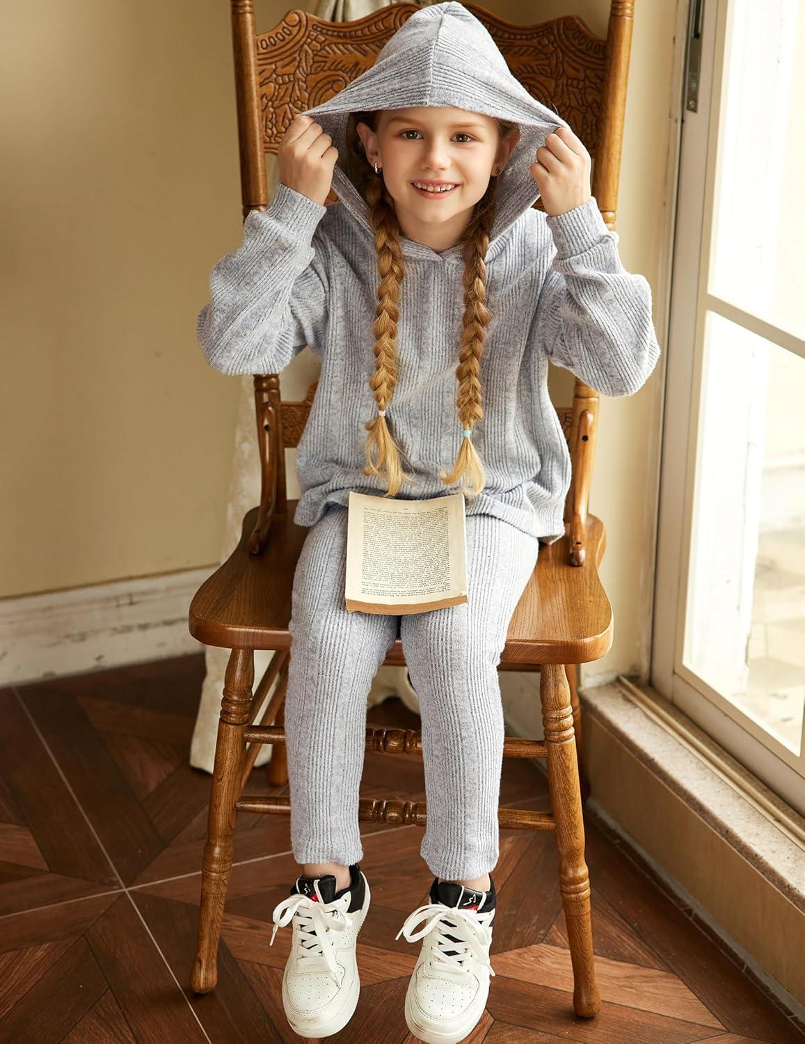 image:imageArshiner Girls Sweaters Set 2 Piece Outfits RibKnit Sweatsuits Cute Pullover Sweatshirt and Sweatpants Kids TracksuitsLight Grey