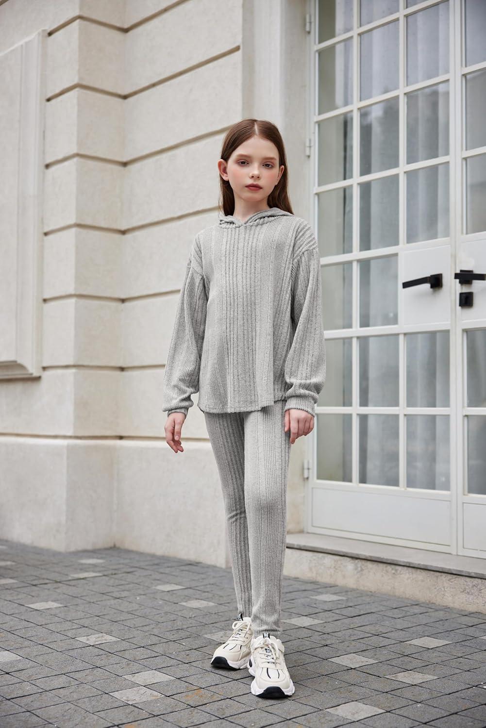 image:imageArshiner Girls Sweaters Set 2 Piece Outfits RibKnit Sweatsuits Cute Pullover Sweatshirt and Sweatpants Kids TracksuitsLight Grey