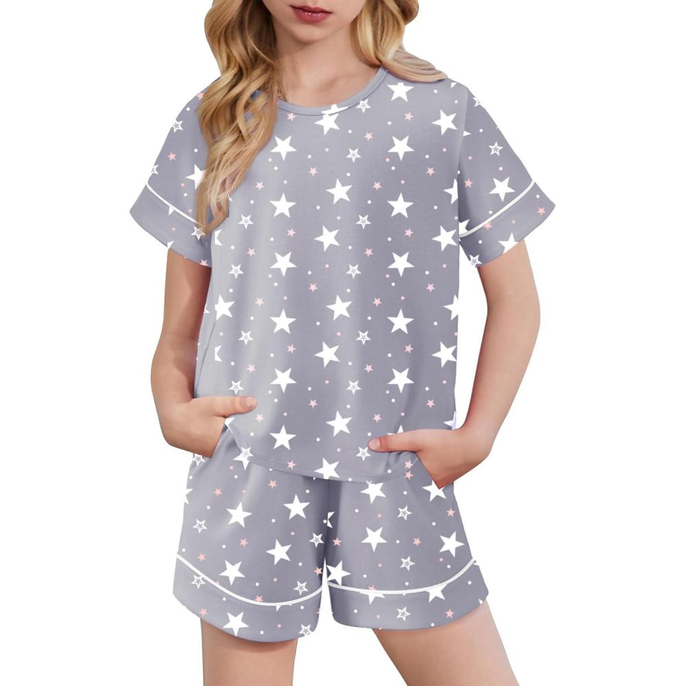 image:imageArshiner Girls Pajamas Set Short Sleeve Sleepwear Summer Lounge Set Soft Pjs for KidsGrey Star