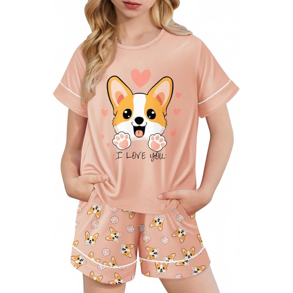 image:imageArshiner Girls Pajamas Set Short Sleeve Sleepwear Summer Lounge Set Soft Pjs for KidsOrange Pink Dog