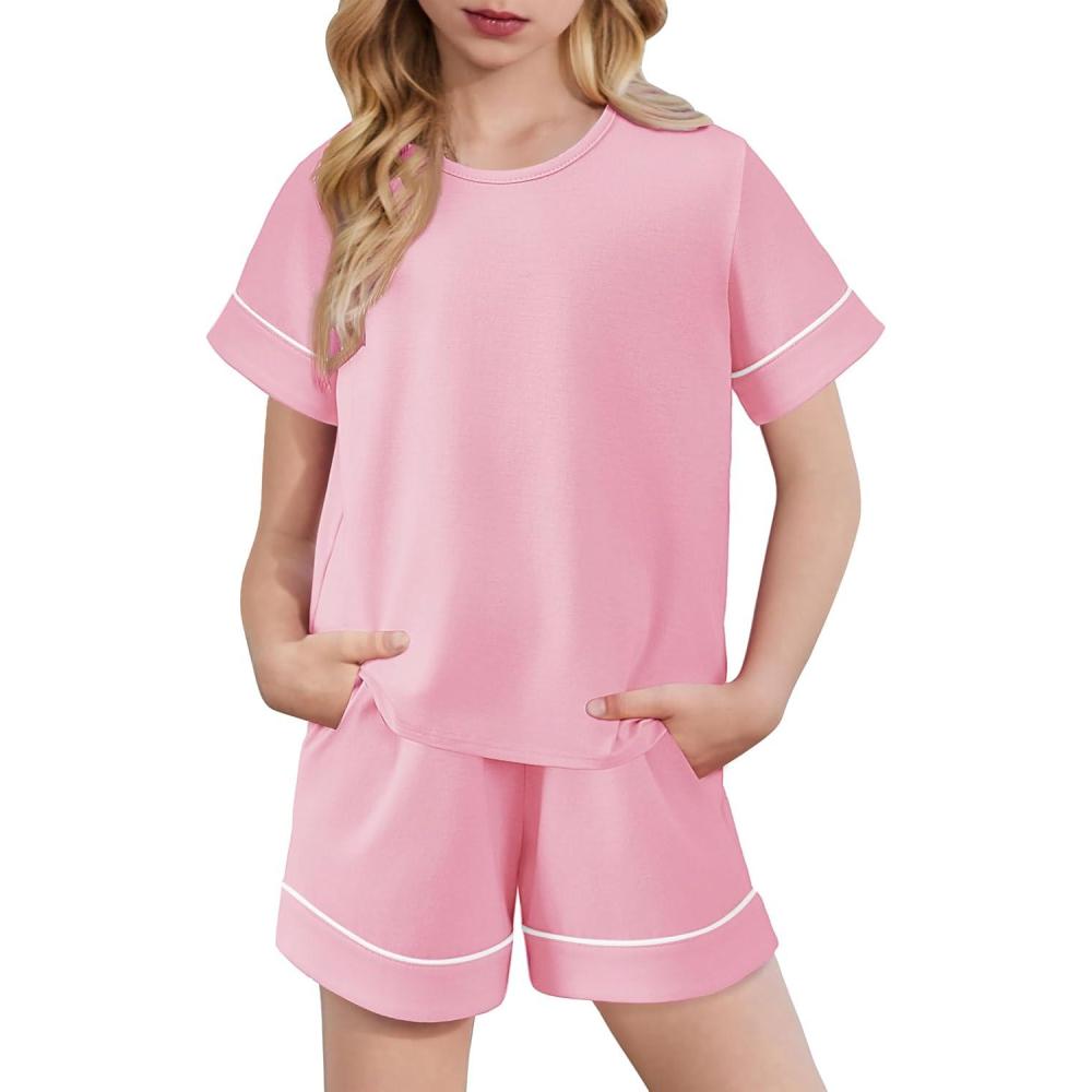 image:imageArshiner Girls Pajamas Set Short Sleeve Sleepwear Summer Lounge Set Soft Pjs for KidsPink