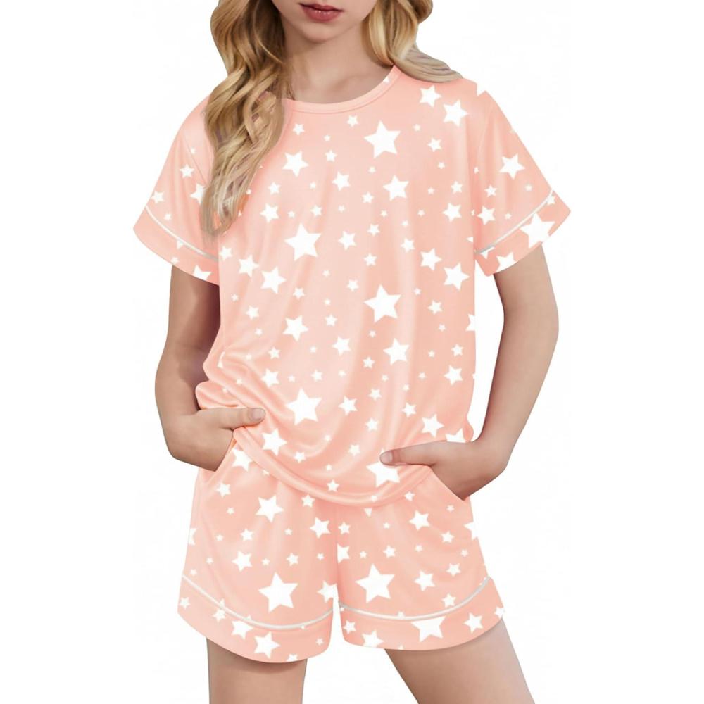 image:imageArshiner Girls Pajamas Set Short Sleeve Sleepwear Summer Lounge Set Soft Pjs for KidsPink Star