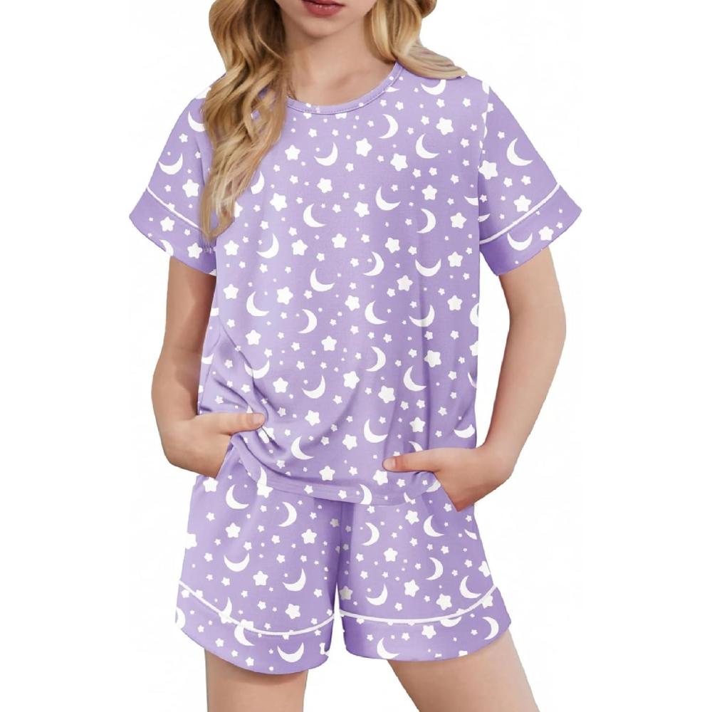 image:imageArshiner Girls Pajamas Set Short Sleeve Sleepwear Summer Lounge Set Soft Pjs for KidsPurple Star Moon