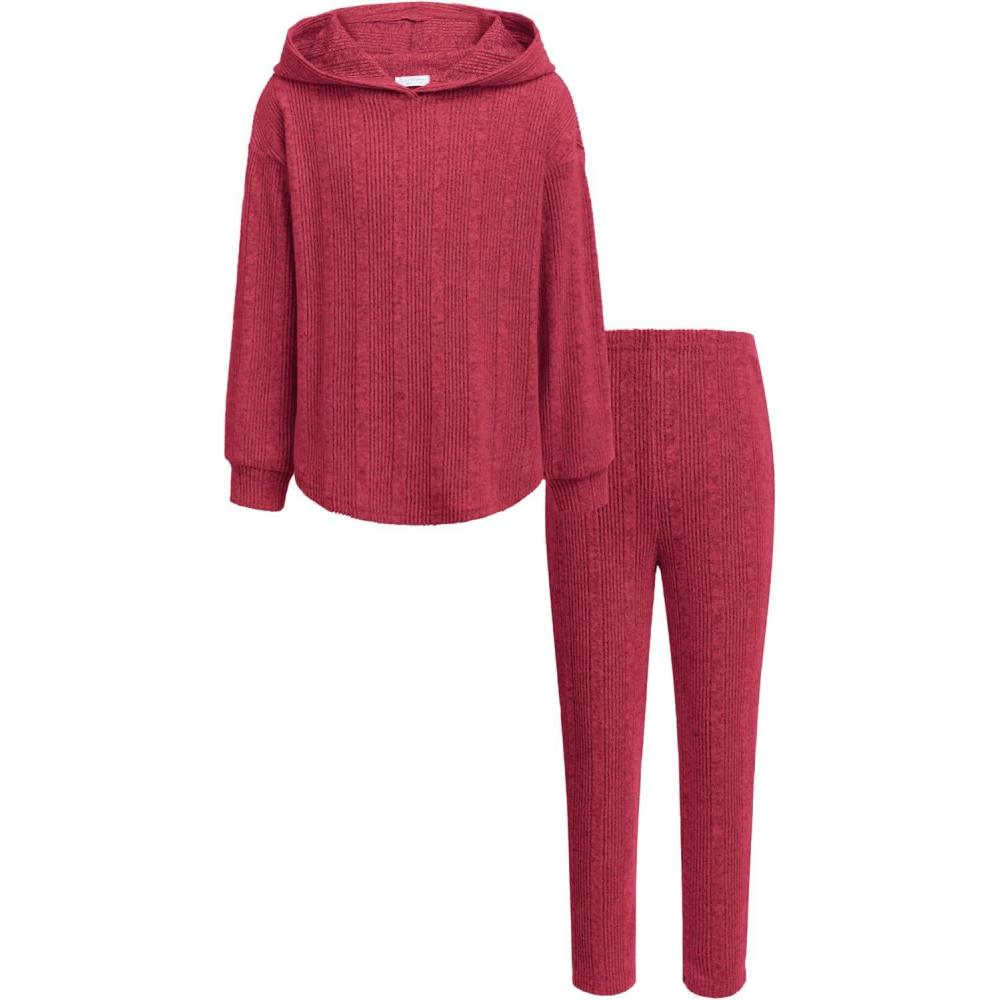 image:imageArshiner Girls Sweaters Set 2 Piece Outfits RibKnit Sweatsuits Cute Pullover Sweatshirt and Sweatpants Kids TracksuitsWine Red
