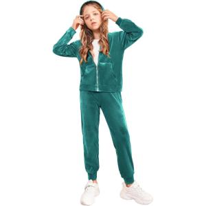 Arshiner 2 Piece Outfits for Girls Velour Tracksuit Hoodie and Jogger Set Sweatsuit Athletic Clothes Sets(Peacock Blue)