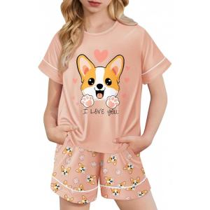 Arshiner Girls Pajamas Set Short Sleeve Sleepwear Summer Lounge Set Soft Pjs for Kids(Orange Pink Dog)