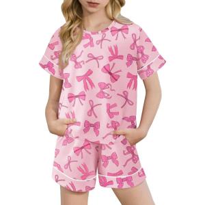Arshiner Girls Pajamas Set Short Sleeve Sleepwear Summer Lounge Set Soft Pjs for Kids(Pink Bow)