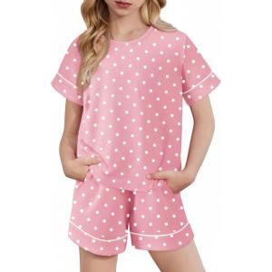 Arshiner Girls Pajamas Set Short Sleeve Sleepwear Summer Lounge Set Soft Pjs for Kids(Pink Dot)