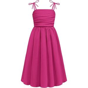 Arshiner Girls Summer Dress Maxi Spaghetti Strap Ruched Flowy Beach Boho Casual Teen Girl Sundress 6-14 Years(Hot Pink)